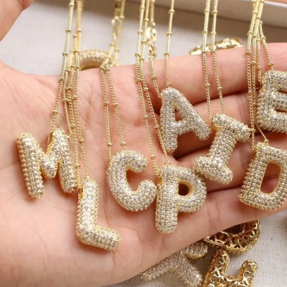 #11 Gold Plated, Bubble Letter Pendant Necklace, Copper Inlaid Zirconia